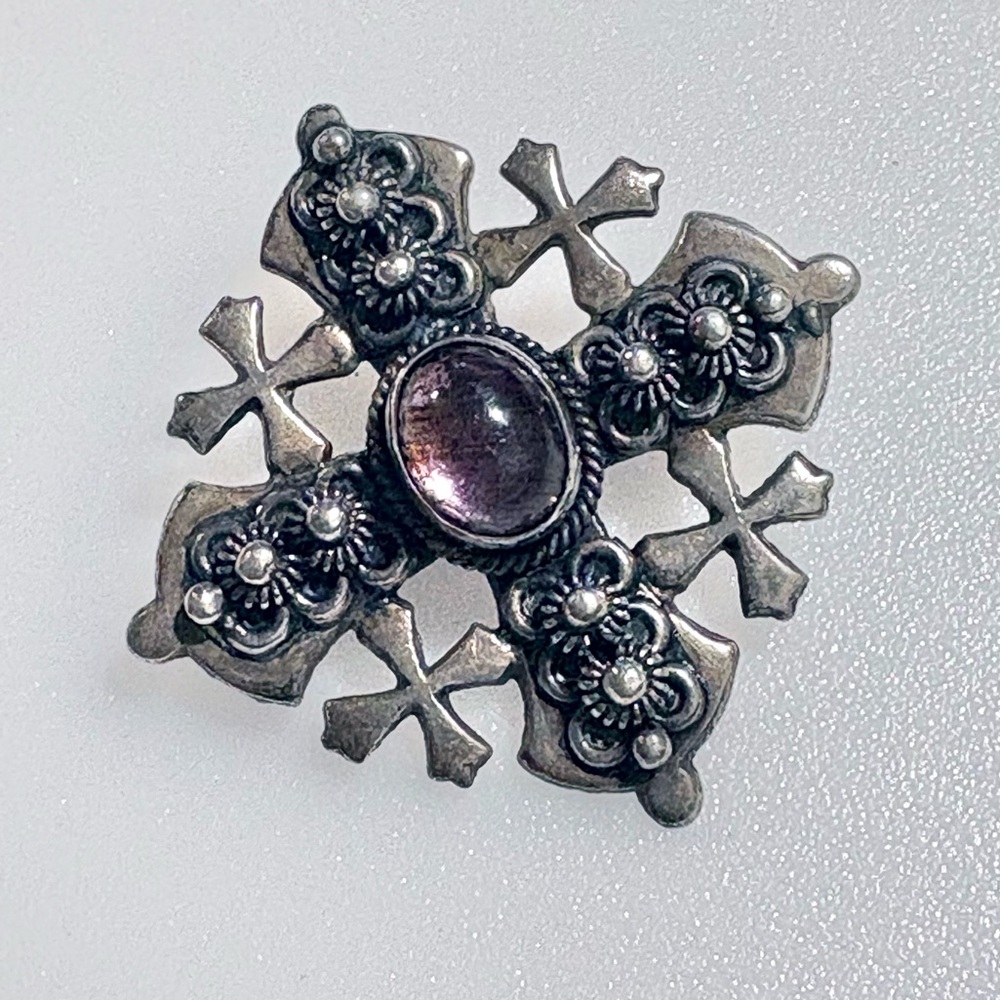Vintage 900 Silver Amethyst Jordan Jerusalem Cross Pendant Brooch